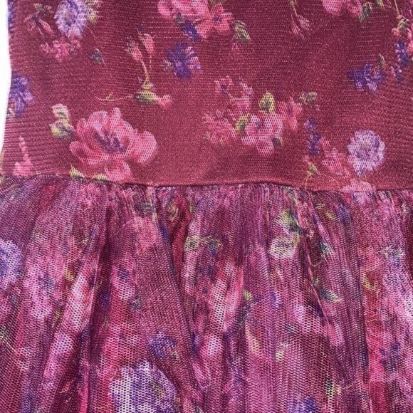 Floral Burgundy Girls Dress With Mesh Overlay & Ruffled Accents By Zenzie Size S - Picture 4 of 9